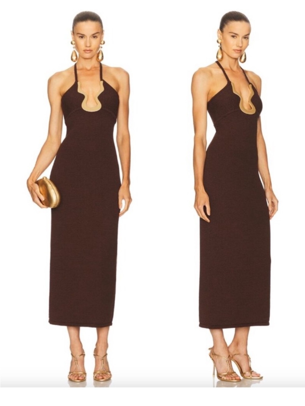 Cult Gaia Valma Halter Brown Dress with Gold Trim - Picture 9 of 11